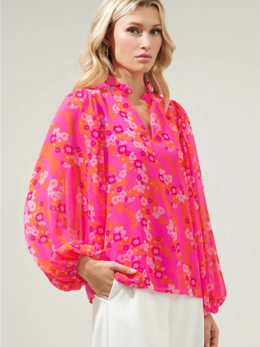 Sugarlips  Poppy Punch Hathaway Split Neck Long Sleeve Blouse